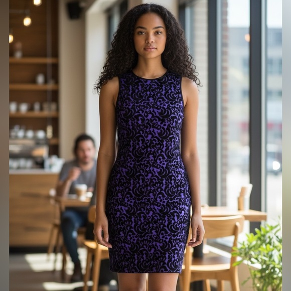 Milly Designer Purple & Black Swirl Pattern Knit Dress - Picture 2 of 8